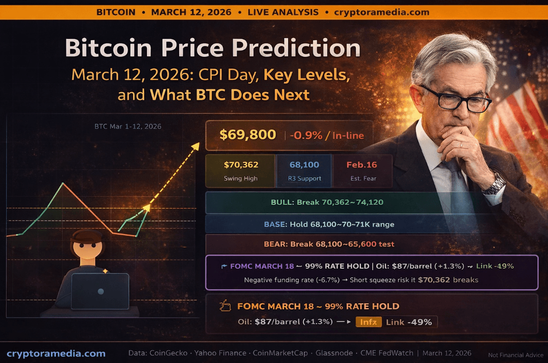 Bitcoin Price Prediction March 12, 2026: CPI Day, Key Levels and What BTC Does Next